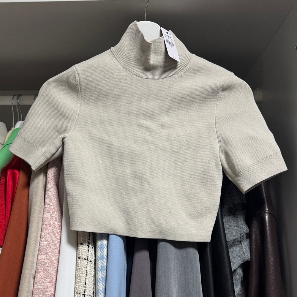 Cropped Short-Sleeve Turtleneck Sweater in light gray